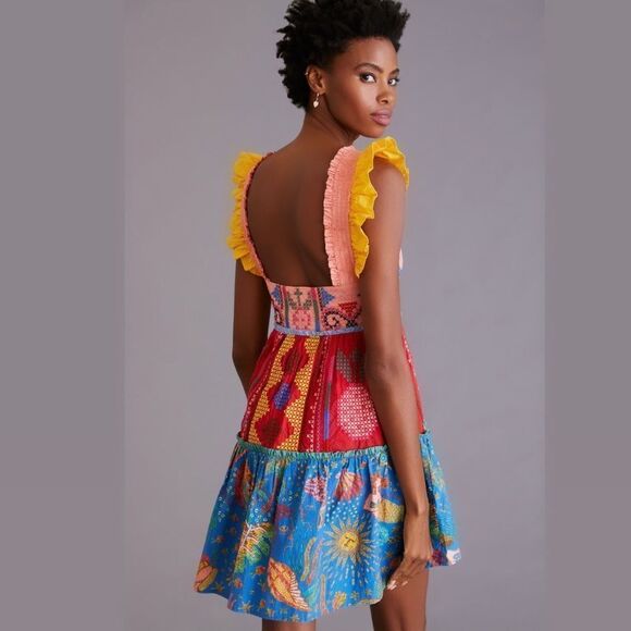 🌸 FARM RIO 🌸by Anthropologie Color blocking Embroidered Mini Dress size XL new - Picture 2 of 13